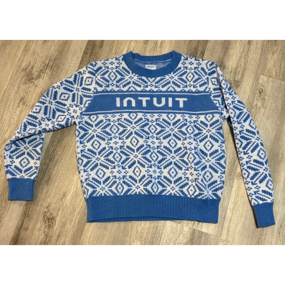 Intuit Blue White Fair Isle Snowflake Knit Sweater Medium Tech Swag